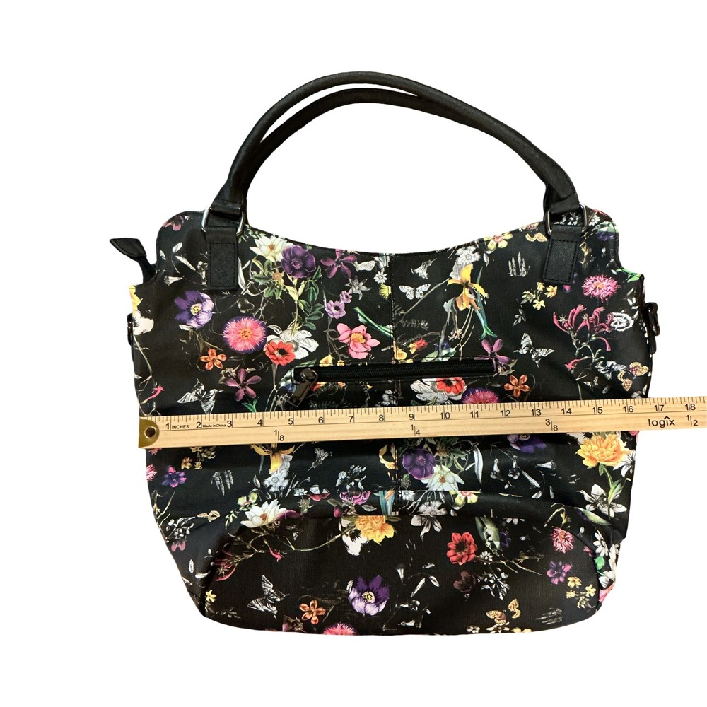 Realer Floral Butterfly Black Faux Leather Hobo Tote Shoulder Bag with Pouch - Picture 5 of 9